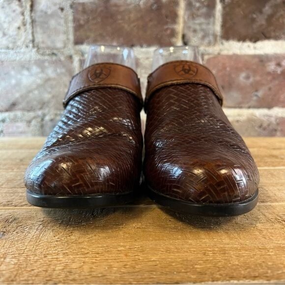 Ariat Rattan Brown Leather Woven Strap Slip On Mule Clog sz 7.5 - Picture 2 of 12